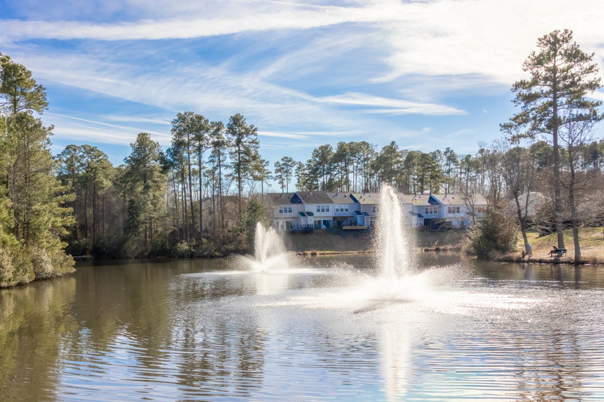 Lakeside townhome community with fountains in Morrisville NC